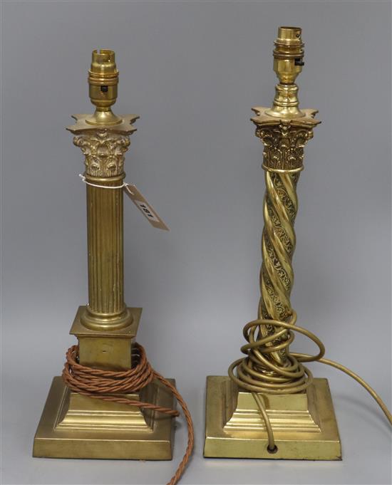 Two brass Corinthian column table lamps